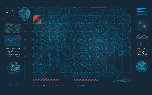 warfare tech or military technology, graphic of terrain map with topographic interface