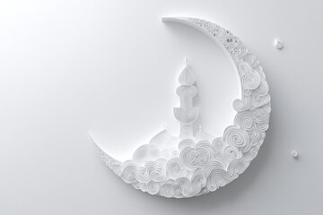 White Moon and Mosque Silhouette Paper Art Decoration for Festive Occasions