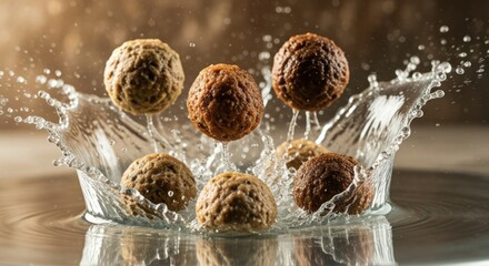 Delicious meatballs splashing into clear water, creating a dynamic food preparation scene.