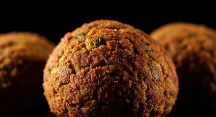 Delicious golden brown falafel balls with herbs, a tempting close-up with a dark background.