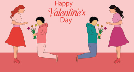 Valentine's day template banner, poster design with loving couple. Silhouette of a young couple propose his girlfrind with flower. Vector illustration of a happy couple.