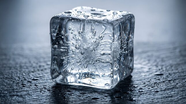 An extreme macro shot of a transparent ice cube revealing intricate air bubbles and frozen fractures under a crisp, cold blue light.