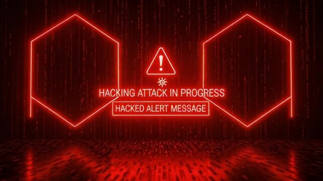 A cybersecurity threat alert message display on a dark technological interface with neon red hexagons and a warning sign