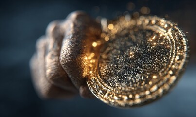 Golden Medal Depicted in a Fist with Sparkling Texture and Dramatic Lighting Effects