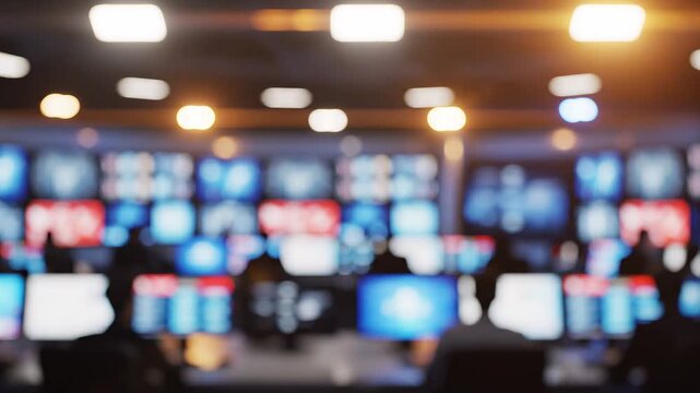 Blurry view of a busy newsroom with illuminated screens