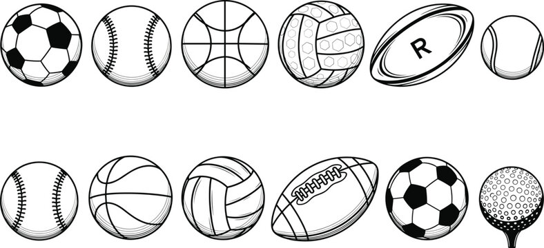 Sports ball outline illustration set with soccer baseball basketball rugby volleyball and golf equipment designs
