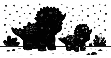 Czarno-biała ilustracja sylwetek dwóch triceratopsów, rodzica i dziecka, na przezroczystym tle.