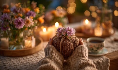 Cozy Evening Setting with Handcrafted Gift Surrounded by Flowers and Candles
