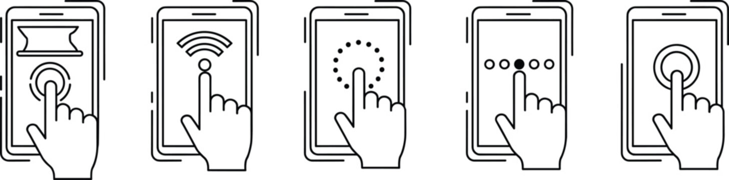 Smartphone touch gesture icon set showing tap swipe fingerprint unlock and wifi interaction for mobile interface designs