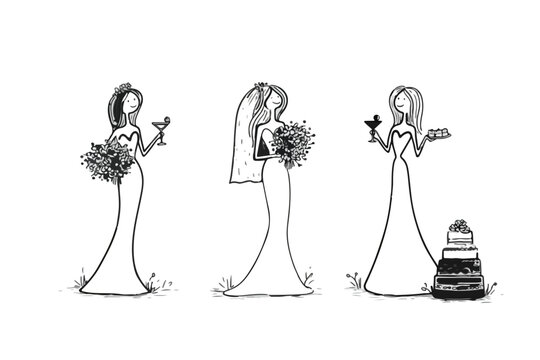 Ilustracja wektorowa ślubna z trzema pannami młodymi, bukietami, tortem i drinkami na białym tle.