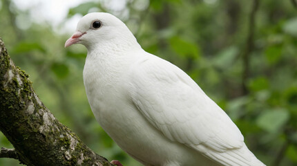 White dove perched on a branch among green leaves in spring  