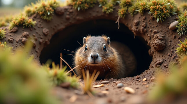 Realistic groundhog emerging from an underground burrow, sandy soil and dry grass, warm natural light, seasonal wildlife theme