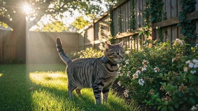 Curious cat exploring sunlit garden with vibrant greenery and blooming flowers