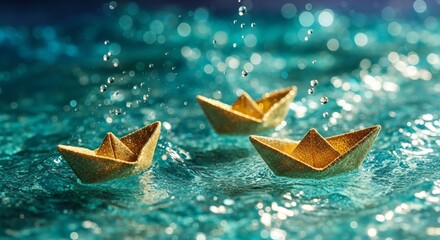 Three small paper boats float gently on rippling water with falling droplets