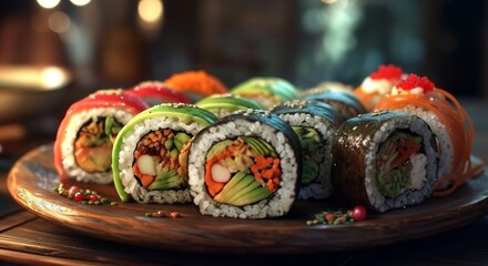 Vibrant, colorful sushi rolls arranged artfully on a rustic wooden plate, a delicious and fresh culinary delight.
