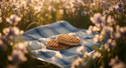 Sweet waffles resting on a picnic blanket amidst a field of wildflowers at sunset.