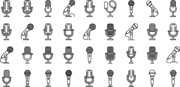 Microphone icon set with studio broadcast podcast and stage mic silhouettes for audio recording communication designs