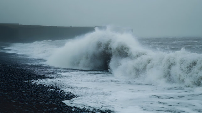 Maroubra beach in the sunny day in Sydney, Australia,Powerful ocean waves crashing and spraying against a cloudy sky during a storm