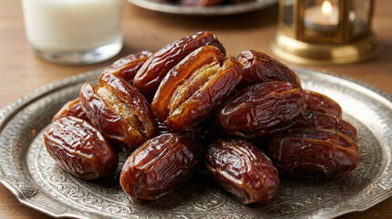 Fresh dates served on silver platter for traditional Ramadan celebration  