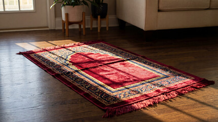 Traditional red prayer rug placed on wooden floor in living room 