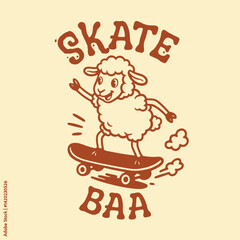 Obraz premium Cute cartoon sheep character skateboarding with text.
