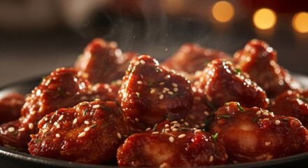 Delicious glazed chicken wings covered in sesame seeds, served hot and steamy.