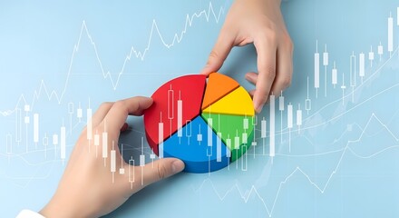 Hands assembling colorful pie chart graph with financial data