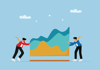 Collaborative Teamwork Pushing Multilayer Area Chart for Business Data Visualization, Growth Strategy, and Analytical Success Concept