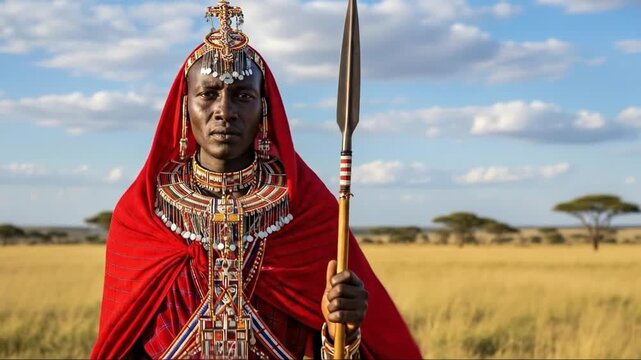 Maasai warrior in traditional attire walking through savannah with spear