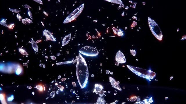 Macro shot of a glass heart sculpture shattering in slow motion, pieces flying gracefully and reflecting light like diamonds, symbolic and artistic.