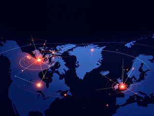 Global network of interconnected glowing points and lines on a dark blue digital world map, illustrating worldwide data transfer, communication, and technology infrastructure.