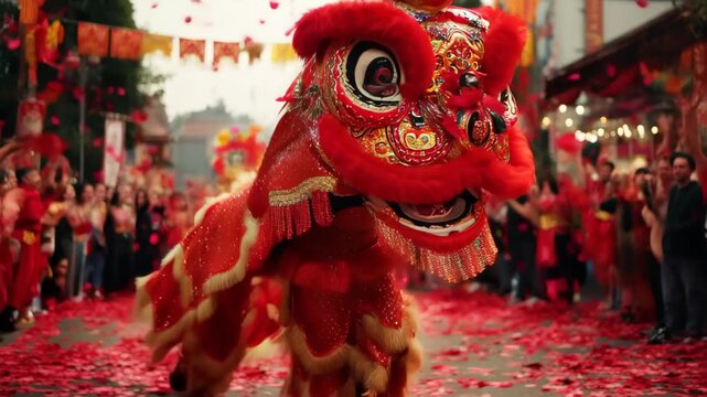 Cinematic close-up of a majestic golden dragon dance, red silk and gold scales shimmering under festive lanterns, firecracker smoke swirling, 8k.