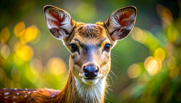 A close-up portrait shows a deer facing the viewer. The animal is detailed with large eyes and spots. Background is soft
