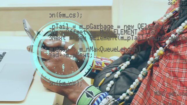 Animation of data processing and clock over african american man using smartphone