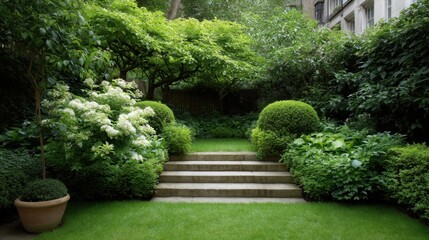 Serene garden landscape featuring lush greenery, manicured shrubs, and stone steps nestled in a tranquil outdoor setting behind a residence