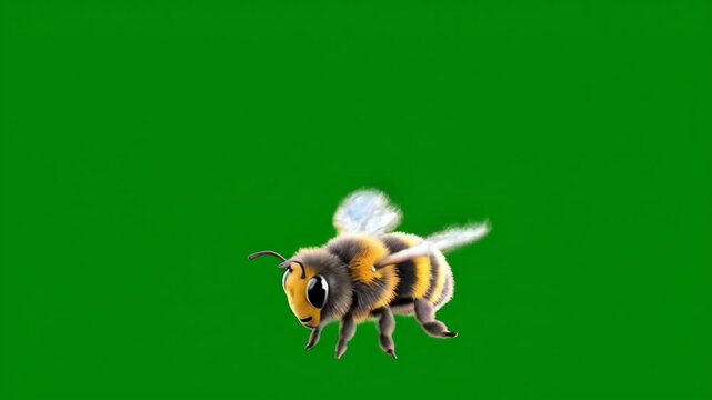 3D animated cartoon bumblebee flying on green screen. Cute fuzzy insect character for chroma key compositing. Nature and spring concept with copy space.
