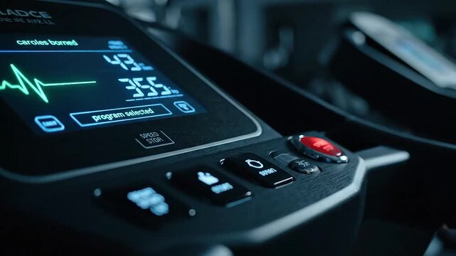 Digital display on a high-tech fitness machine, showing active health metrics and program selection, guiding a focused workout
