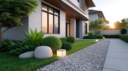 Obraz premium Tranquil Modern Landscape Design with Lush Greenery, Decorative Stones, Pathway, and Soft Lighting at Sunset in a Serene Residential Garden Setting