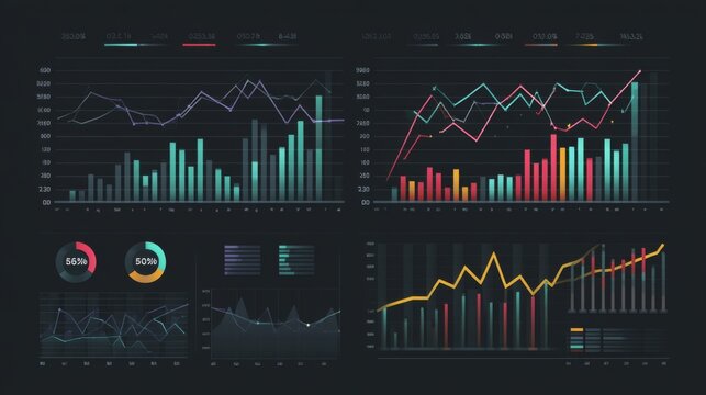 Detailed Colorful Data Visualization with Charts and Graphs Displaying Statistical Trends in a Modern Dark Theme