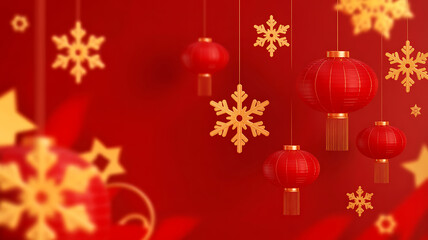 Fototapeta premium Festive Red Chinese New Year Banner with Hanging Lanterns and Golden Paper Cut Snowflake Ornaments for Oriental Celebrations