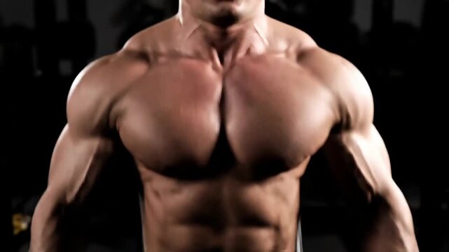 Powerful male physique demonstrating peak muscle definition and incredible strength during an intense and focused workout session