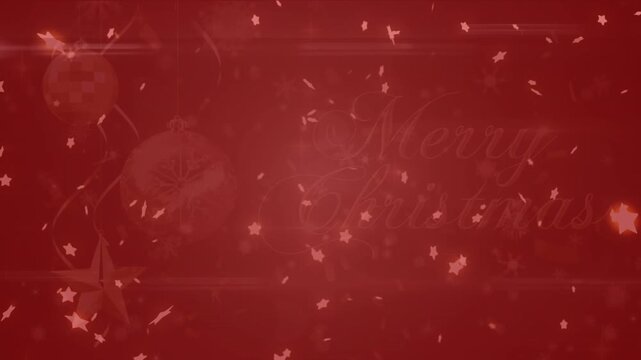 Animation of stars over merry christmas text banner and hanging bauble decorations on red background