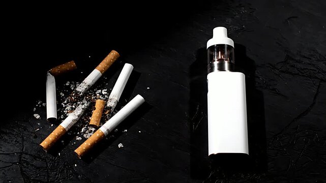 Comparing traditional tobacco cigarettes with a modern white electronic vaping device highlights contrasting smoking habits and nicotine delivery methods in stark contrast.