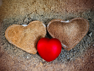 Luffa heart shape,texture is coarse and fibrous.and small red heart put together background