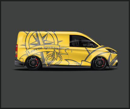 Yellow van with detailed nautical graphic design wrap