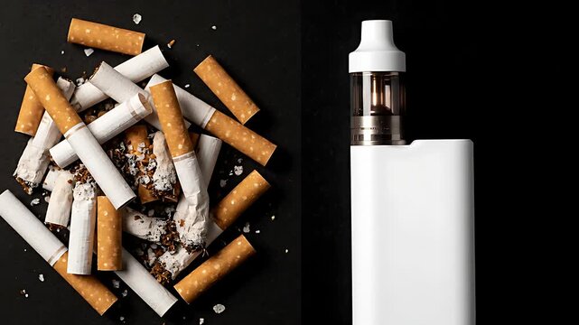 Comparing traditional combustible cigarettes with a modern white electronic vape device, illustrating a stark contrast in smoking and vaping cessation choices.