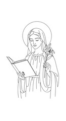 Fototapeta premium Woman mary saint reading bible or scripture book and holding lily flower with halo outline. Religious christian art or colouring page for Palm Sunday.