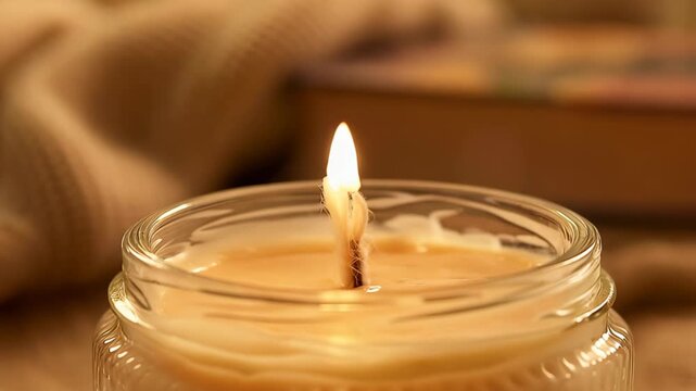 Macro shot of a scented candle being lit, the flame flickering, blurred background of a cozy room with soft blankets and a book, warm amber lighting, relaxing lifestyle vibe.
