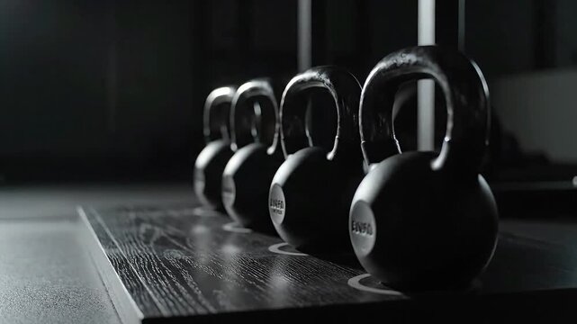 Black and white image of a row of kettlebells in a gym, showcasing strength training equipment for fitness and exercise routines