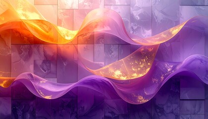 An abstract composition featuring flowing, translucent ribbons of orange and purple light over textured, tiled background